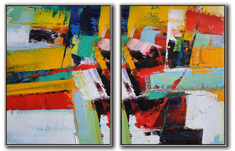 Original Extra Large Wall Art,Set Of 2 Contemporary Art On Canvas,Canvas Artwork For Sale,Red,Yellow,Light Green,White,Black.etc